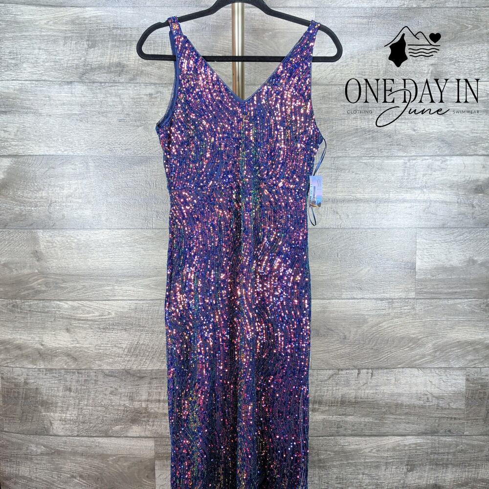 Night Way Sequin Maxi Dress Navy Rainbow V Neck Formal Gown NWT Size 10P